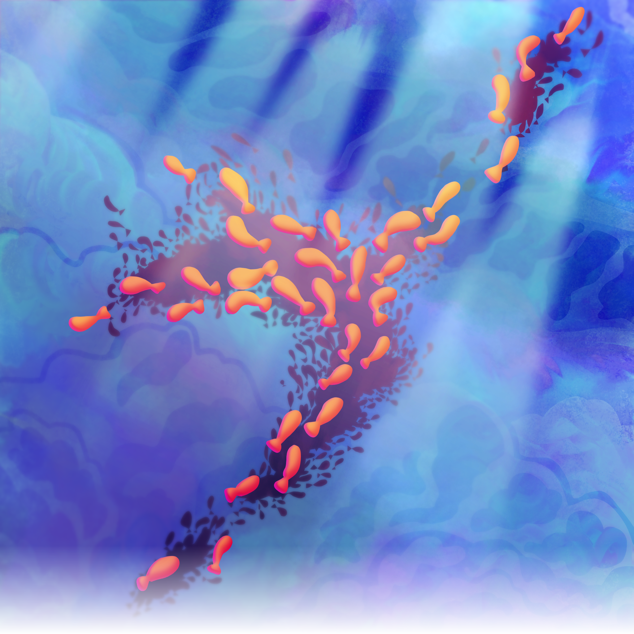 the site's background image, a shoal of orange fish swim underwater.